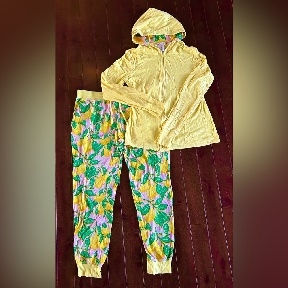 Munki Munki Yellow Lemon Zip Pajama Set Women’s L Cotton Sleepwear
